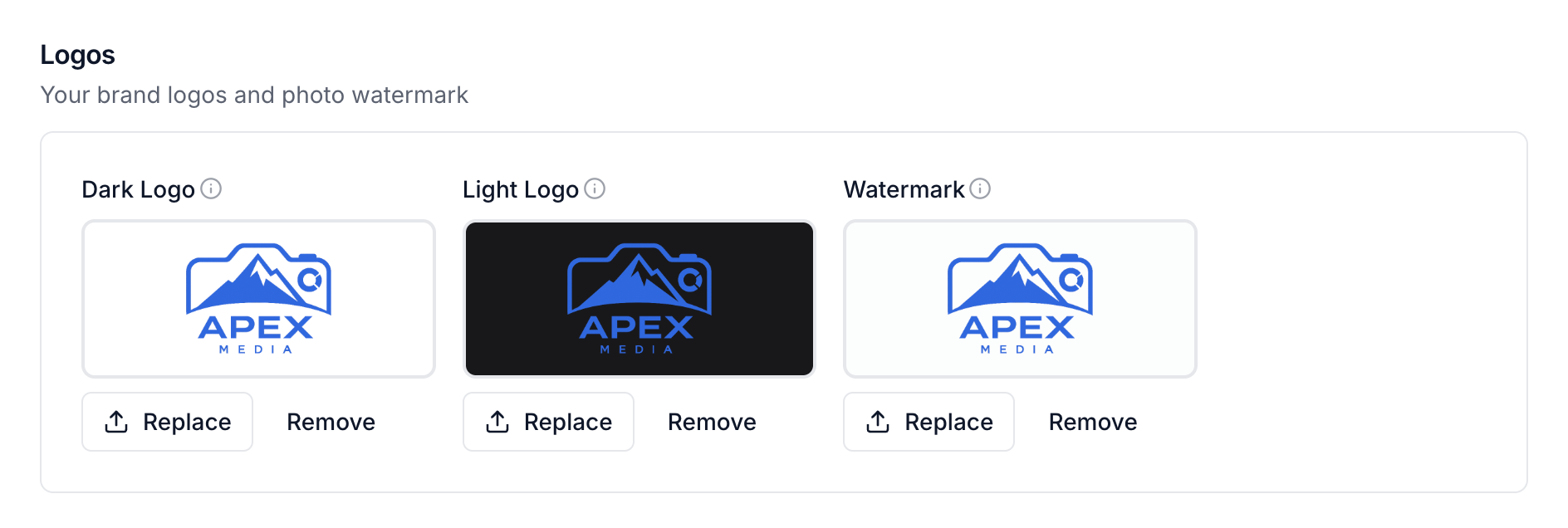 Logo and watermark uploads with Replace and Remove controls