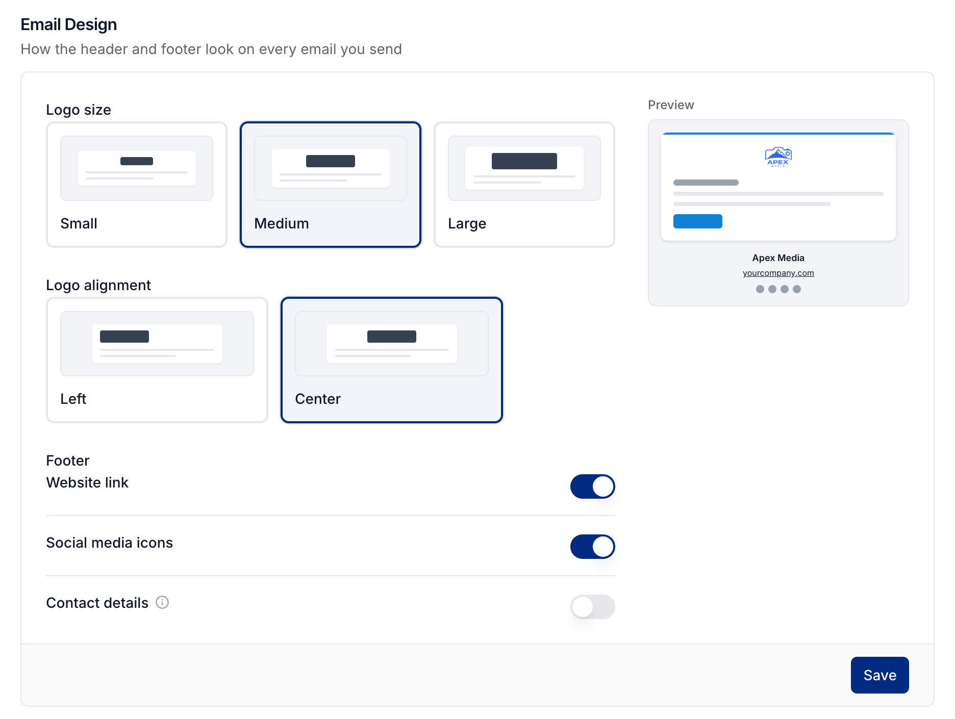 Email logo controls, footer options, and a preview