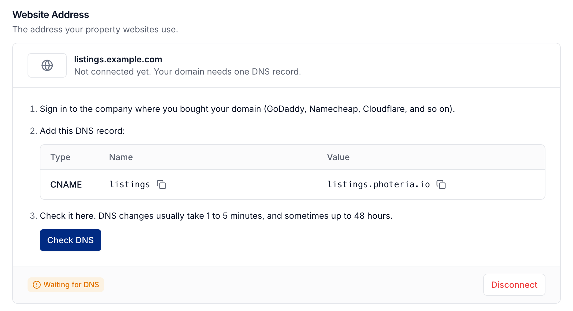 Property website address with the CNAME record and Check DNS