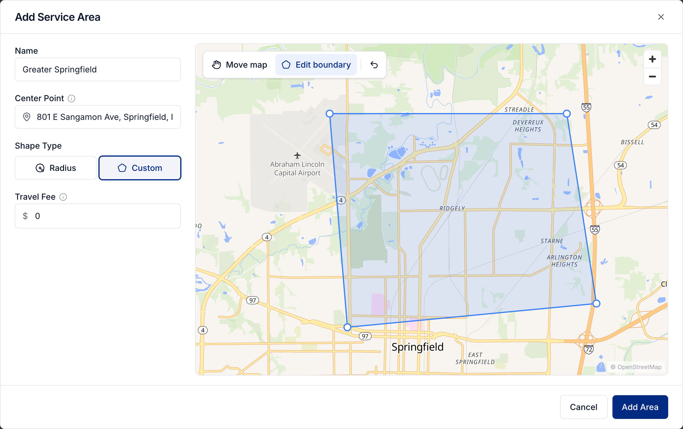 A custom service area with boundary points, map tools, and Add Area