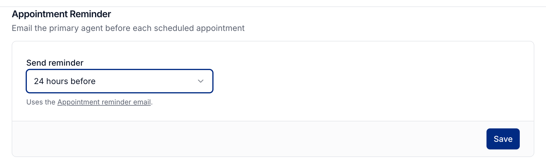 Appointment reminder set to 24 hours before, with its Save button