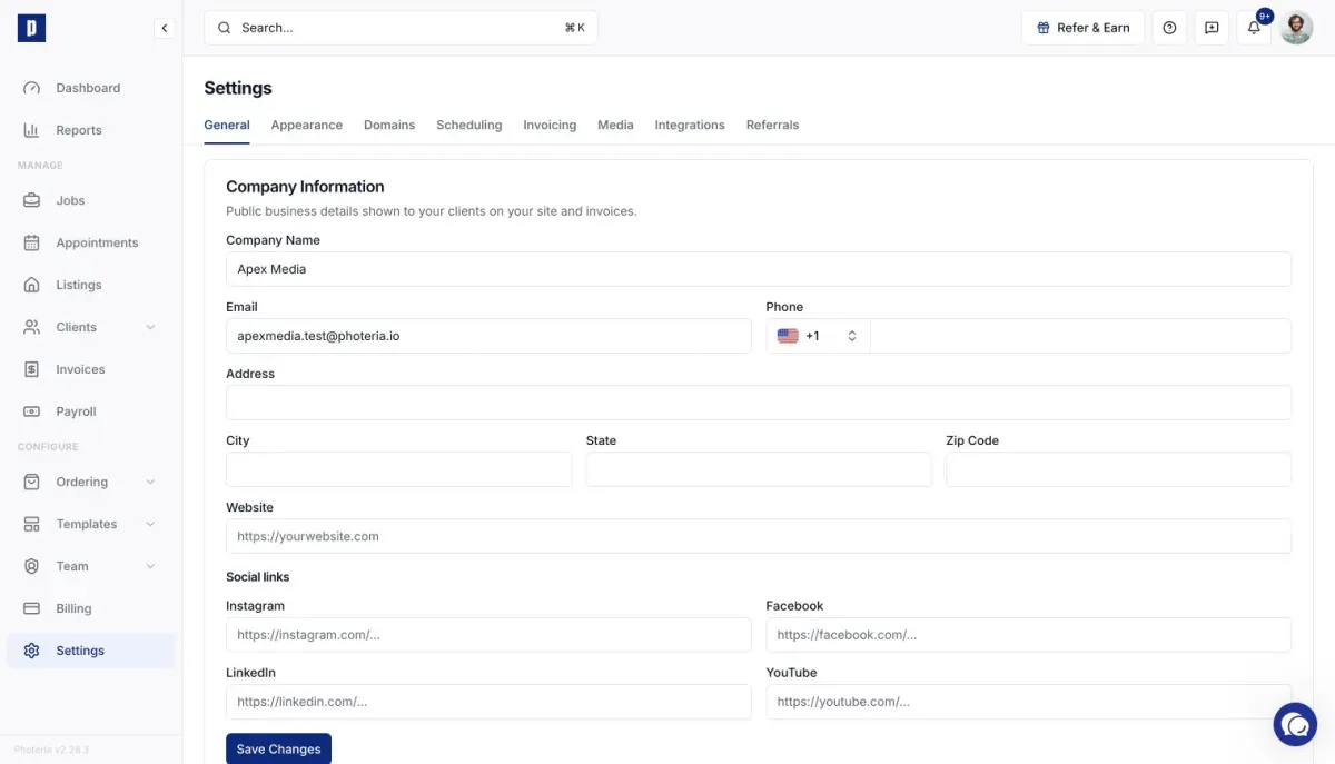Company settings page showing Terms of Service configuration
