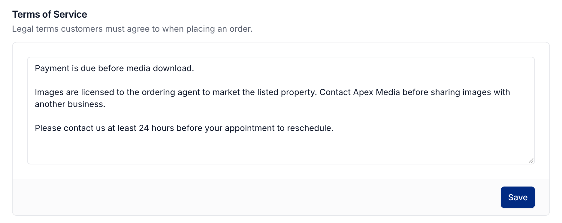 Terms of Service field and Save in Settings, Client portal