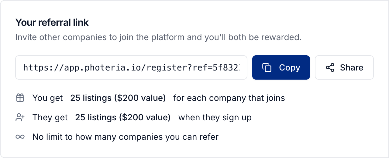 Referrals page with the current reward and your referral link