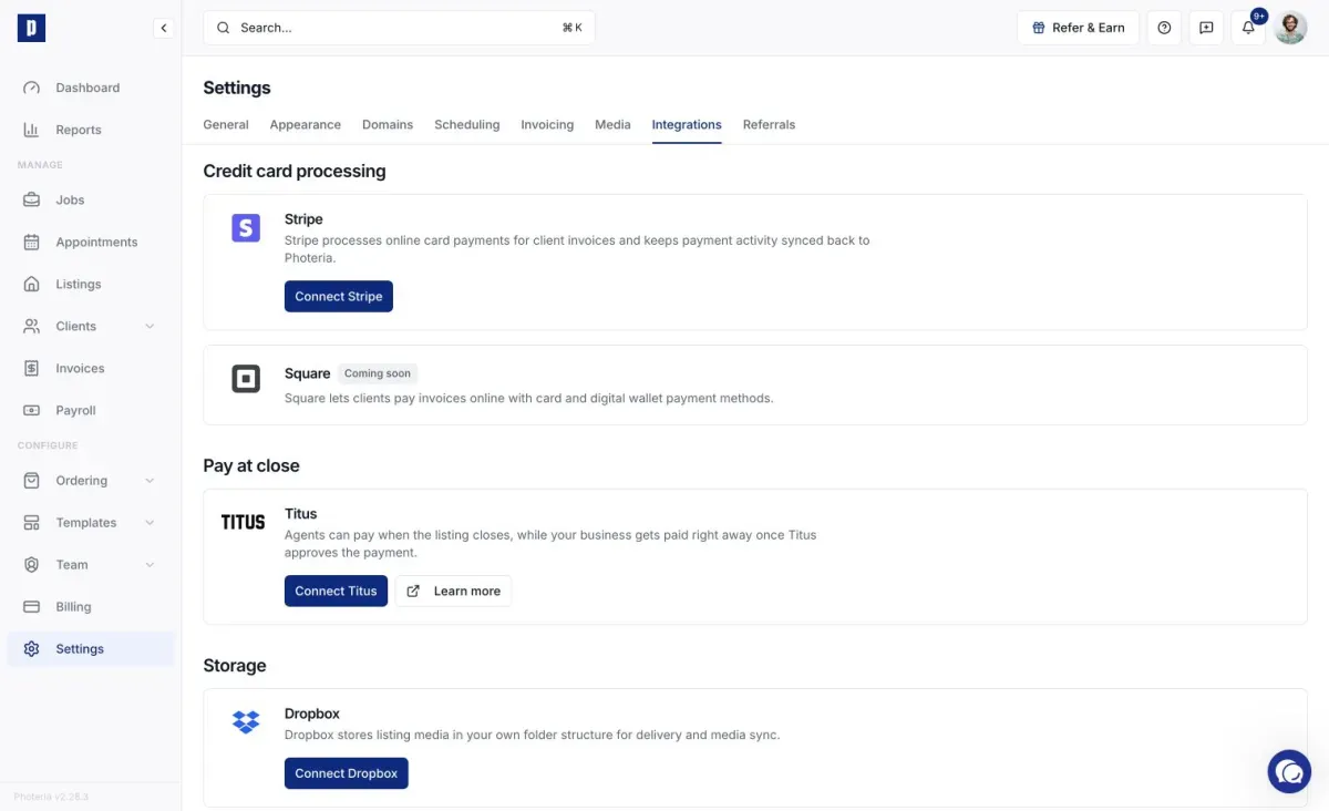Integrations settings showing connected service cards