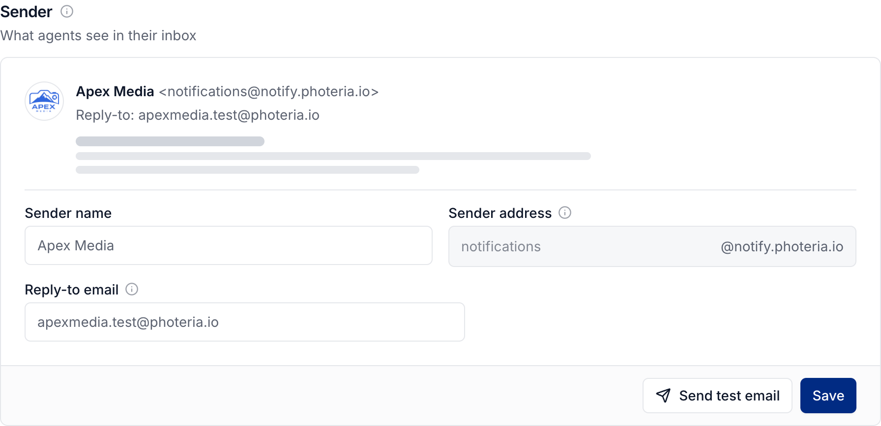 Sender name, reply address, and Send test email