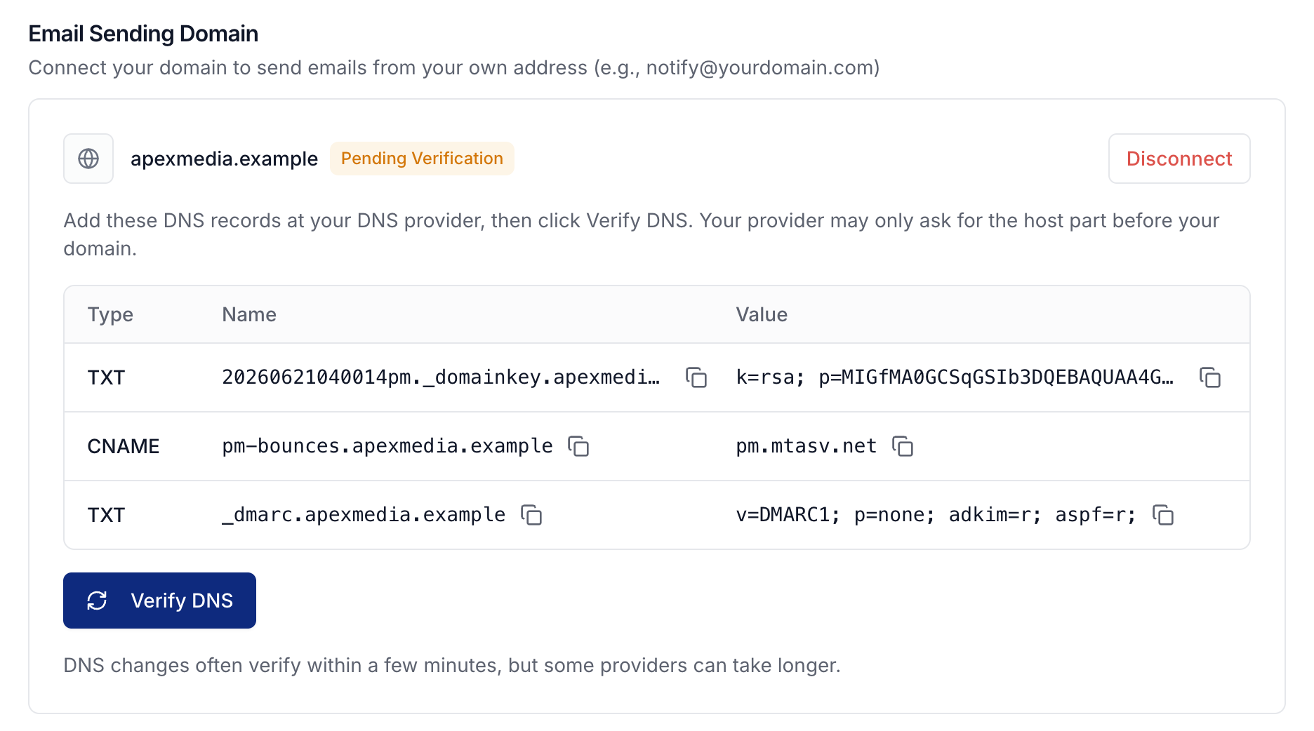 Email sending domain with its DNS records and Verify DNS