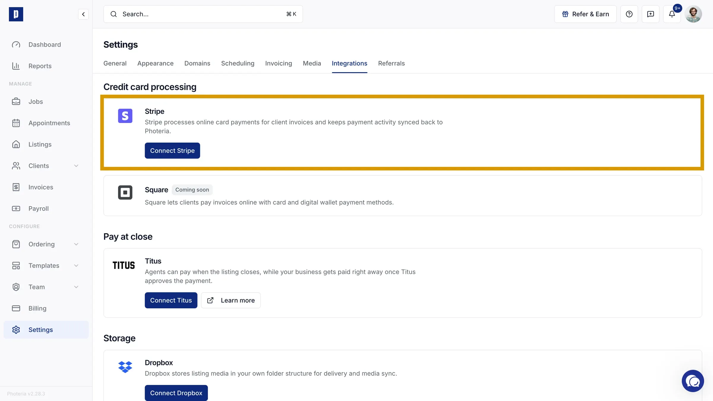 Stripe highlighted in the Credit card processing section