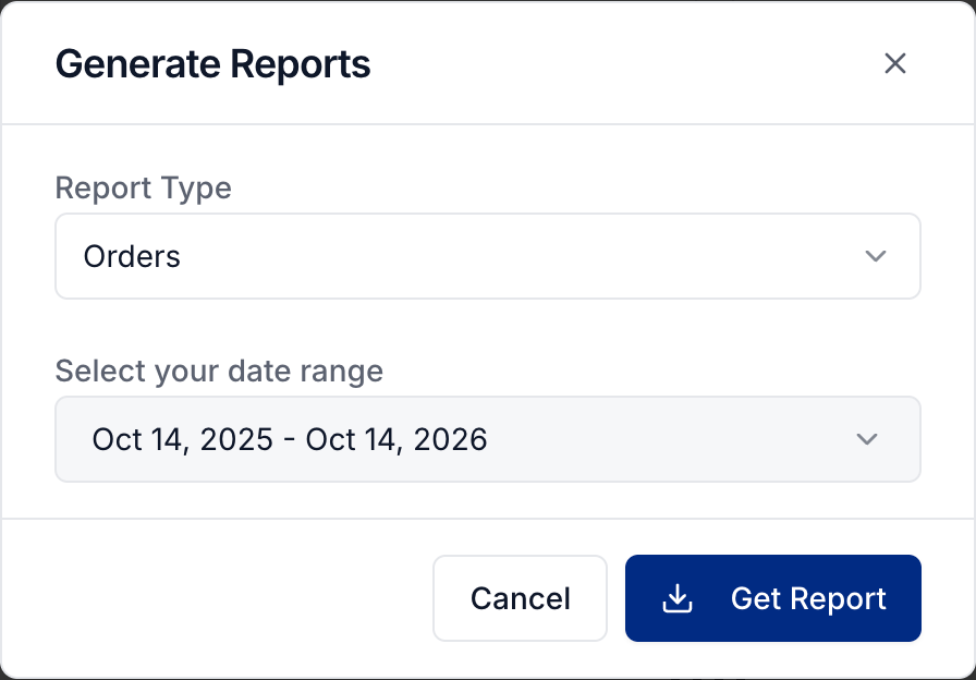 Generate Reports with report type, date range, and Get Report