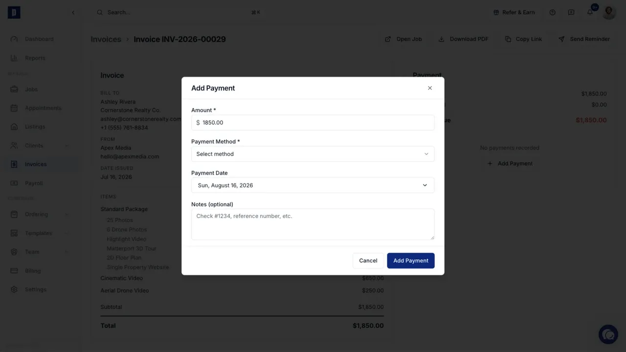 The Add Payment window for recording an offline client payment
