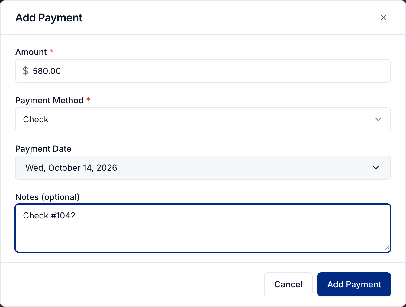 The Add Payment window for recording an offline client payment