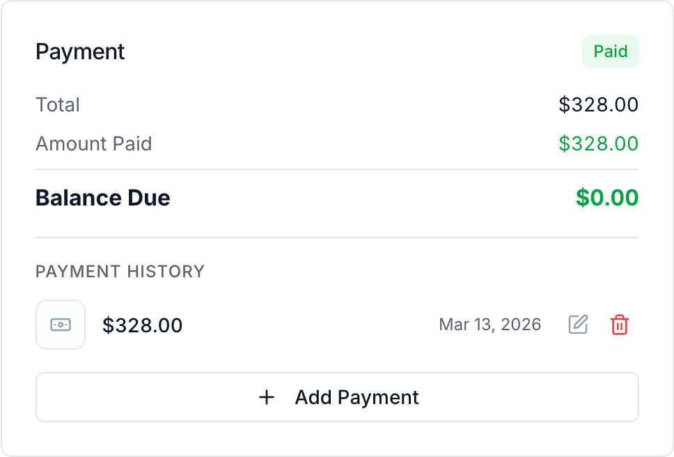 Payment History with controls to edit or delete a manual payment