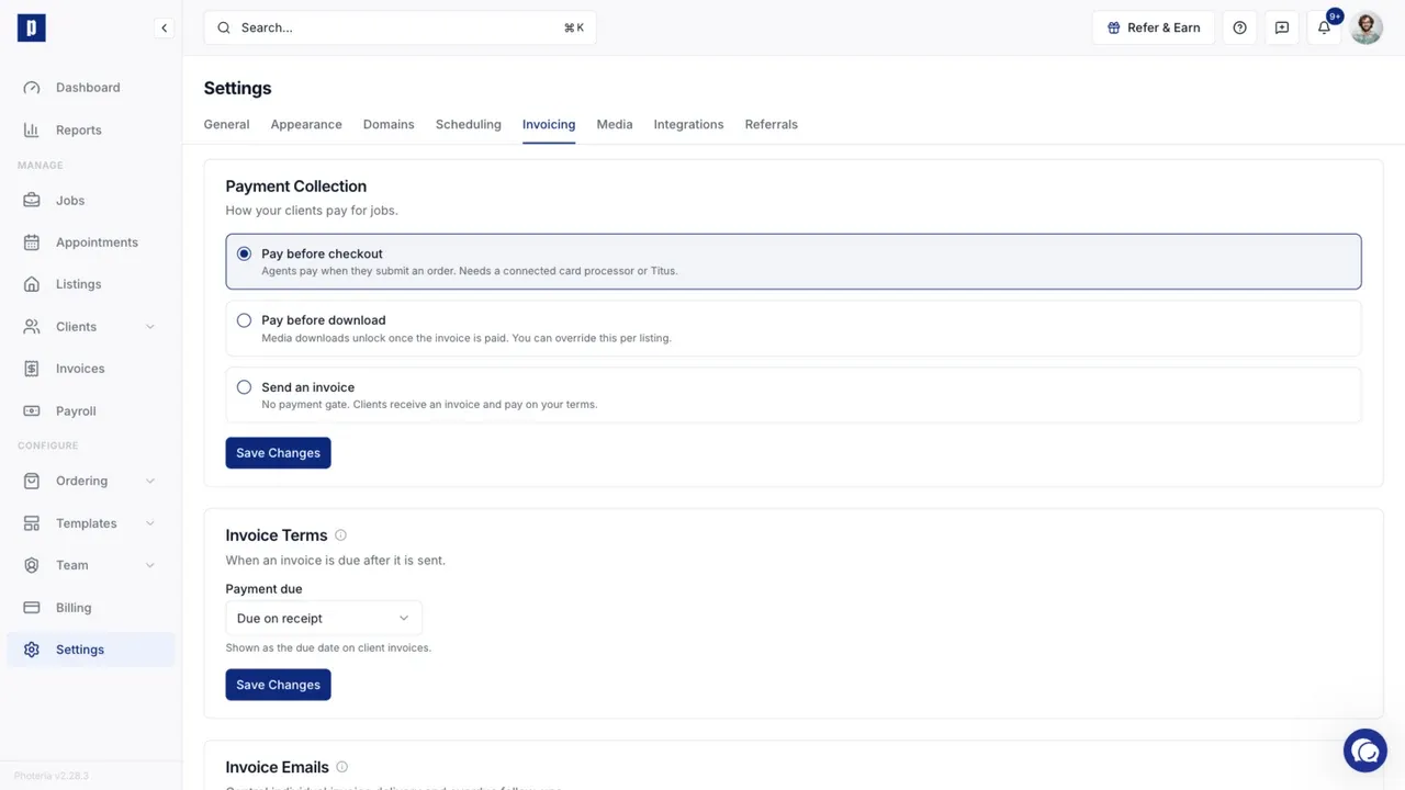 Invoice email timing, overdue reminders, and the default sales tax setting
