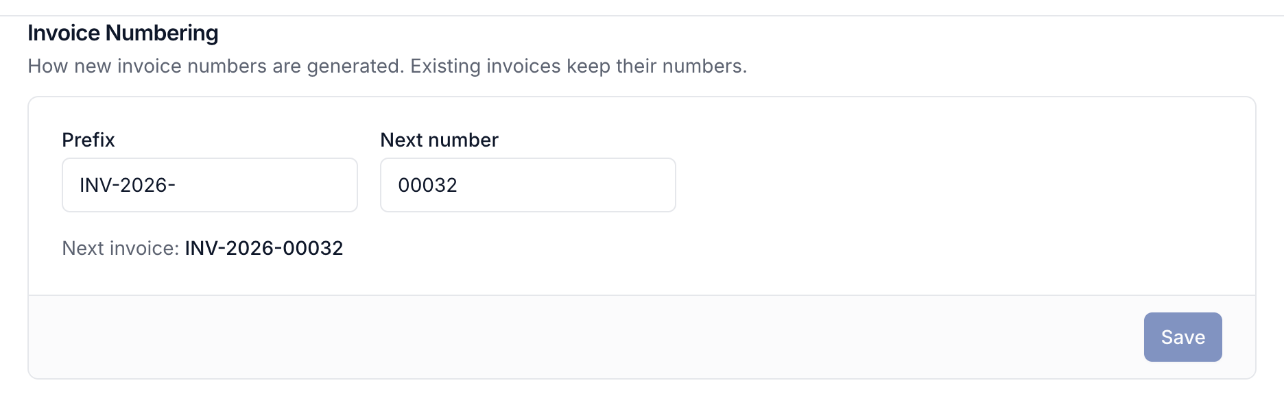 Invoice prefix, next number, and preview