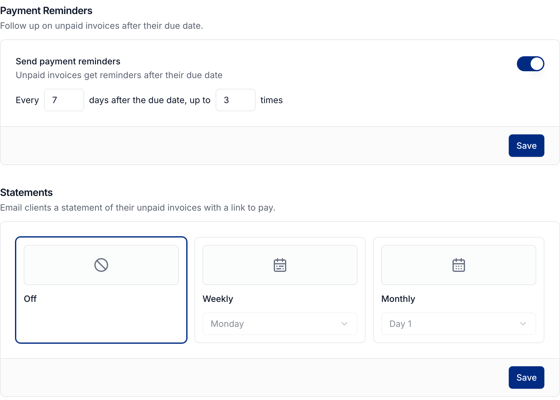 Payment Reminders and Statements settings, including reminder frequency and statement schedule