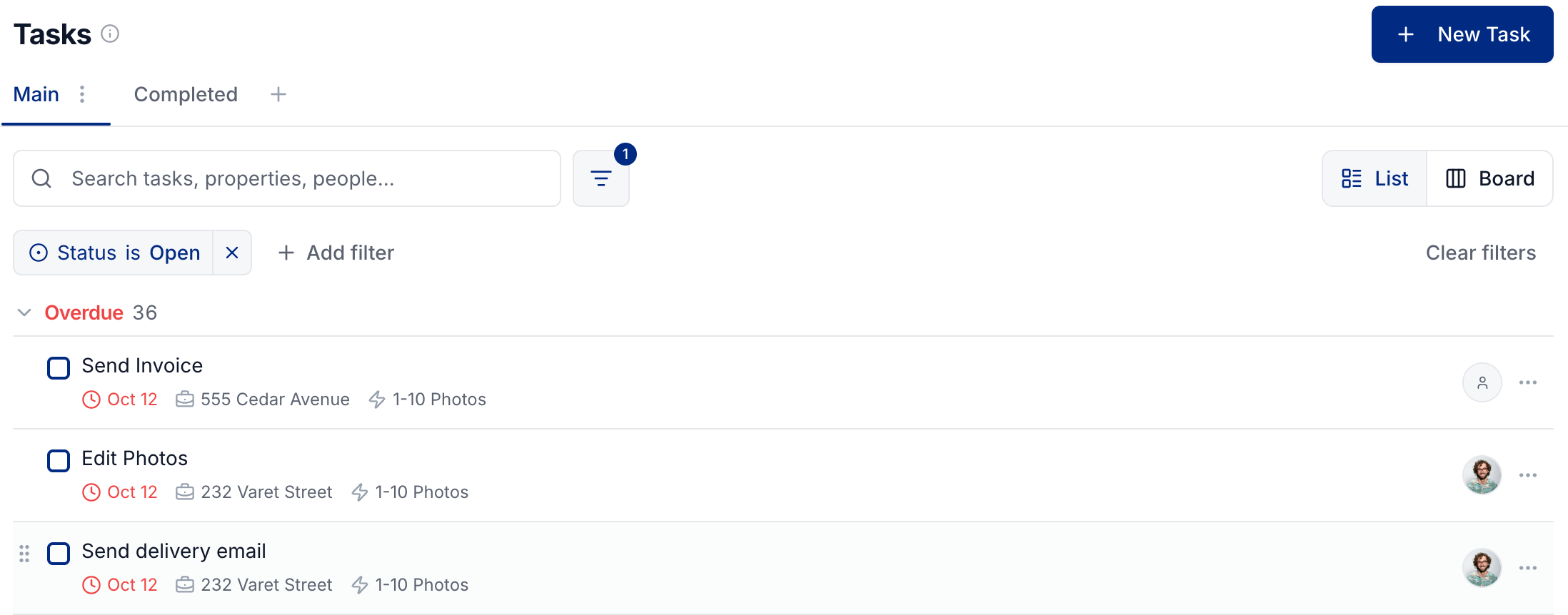 Open tasks grouped by due date, with saved views and filters above the list