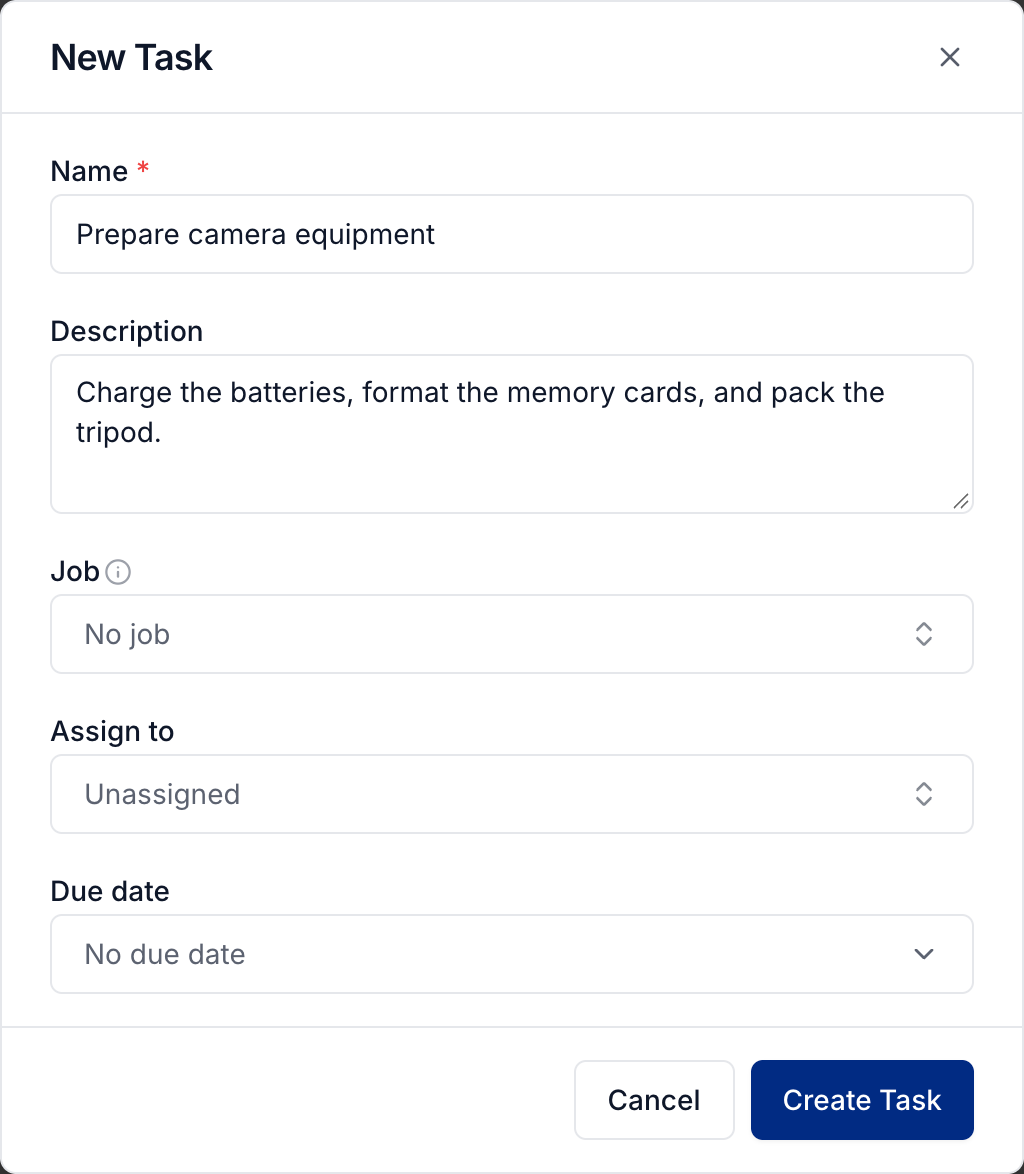 A standalone task with a name, instructions, and optional job, assignee, and deadline