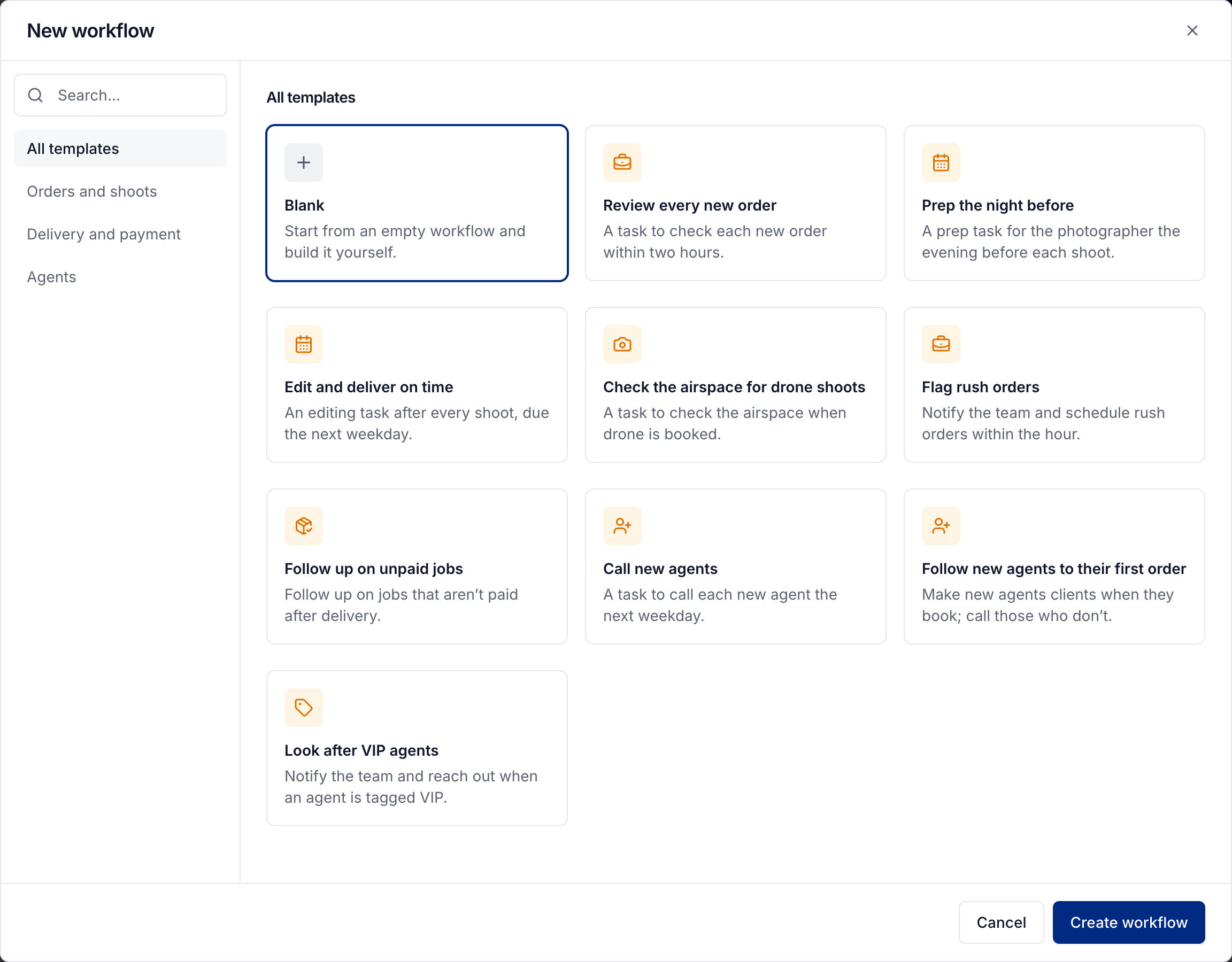 Workflow templates for orders, delivery, and agents