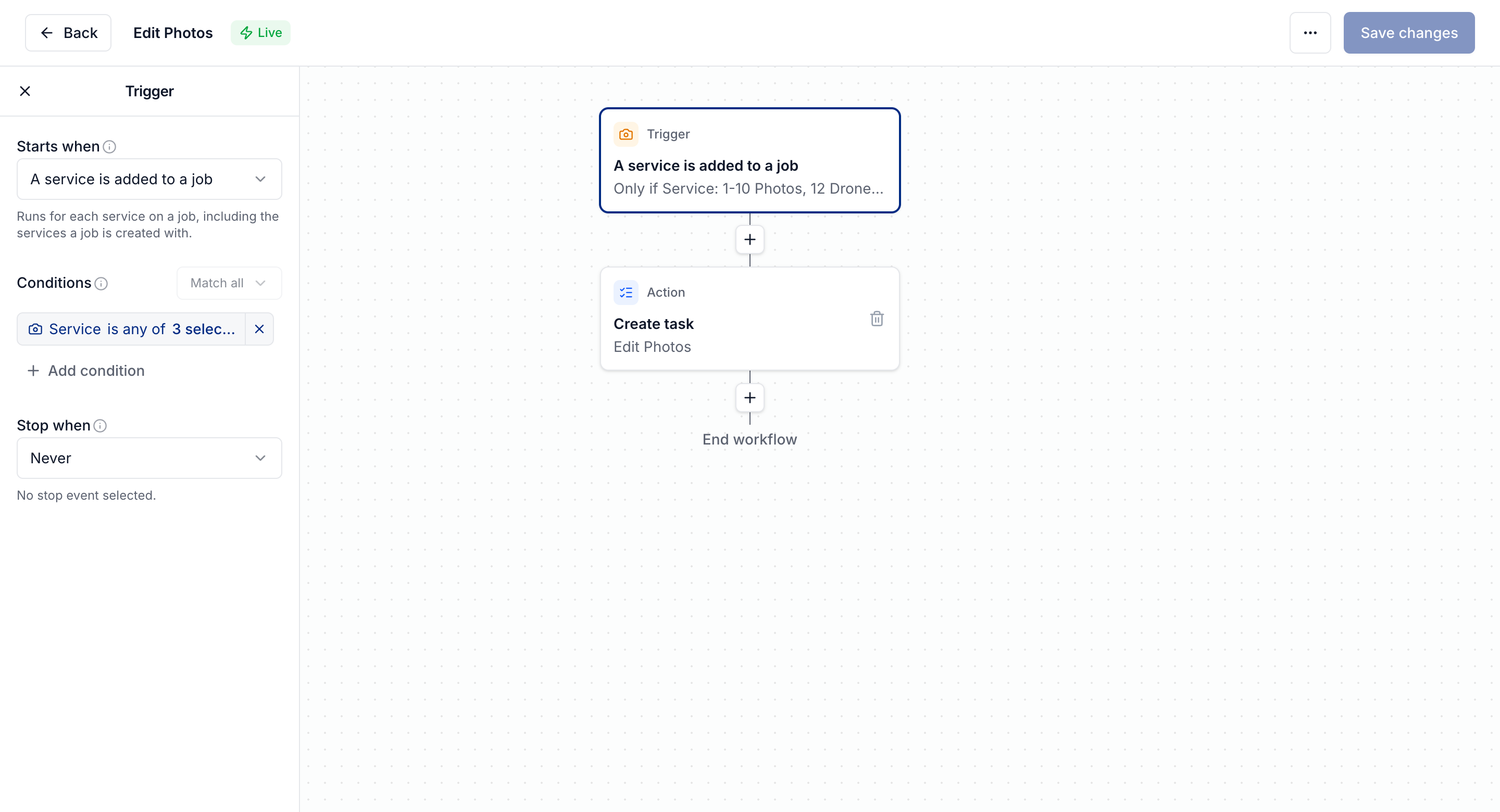 Workflow editor with a service trigger and conditions