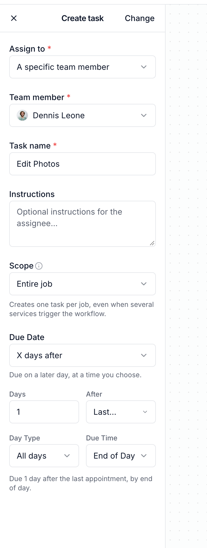 Create task settings with an assignee, scope, and deadline