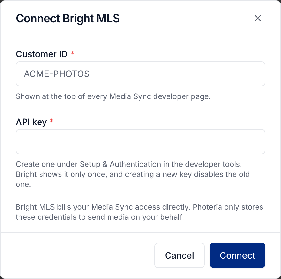 Bright MLS connection form for your Customer ID and API key