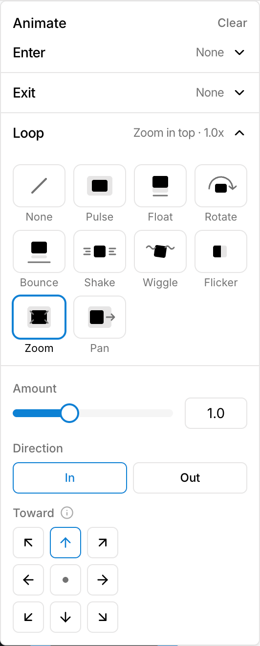 Photo animation with Zoom amount, direction, and focal point