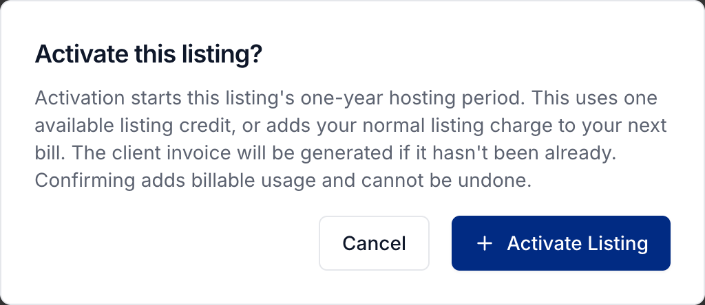 Confirmation explaining the one-year hosting period and activation charge