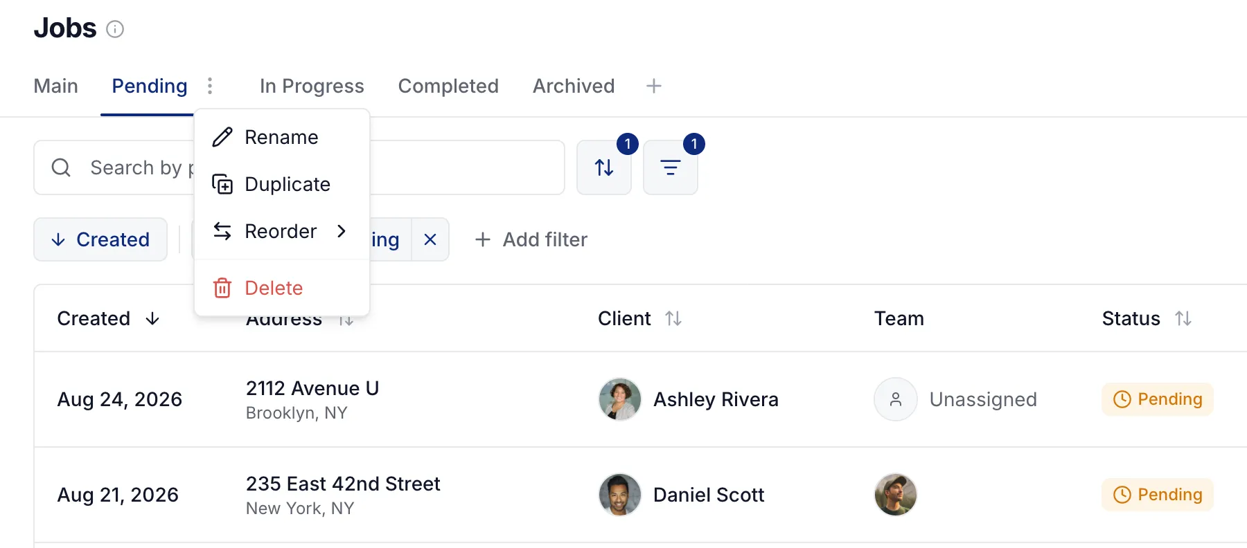 A view's menu with Rename, Duplicate, Reorder, and Delete