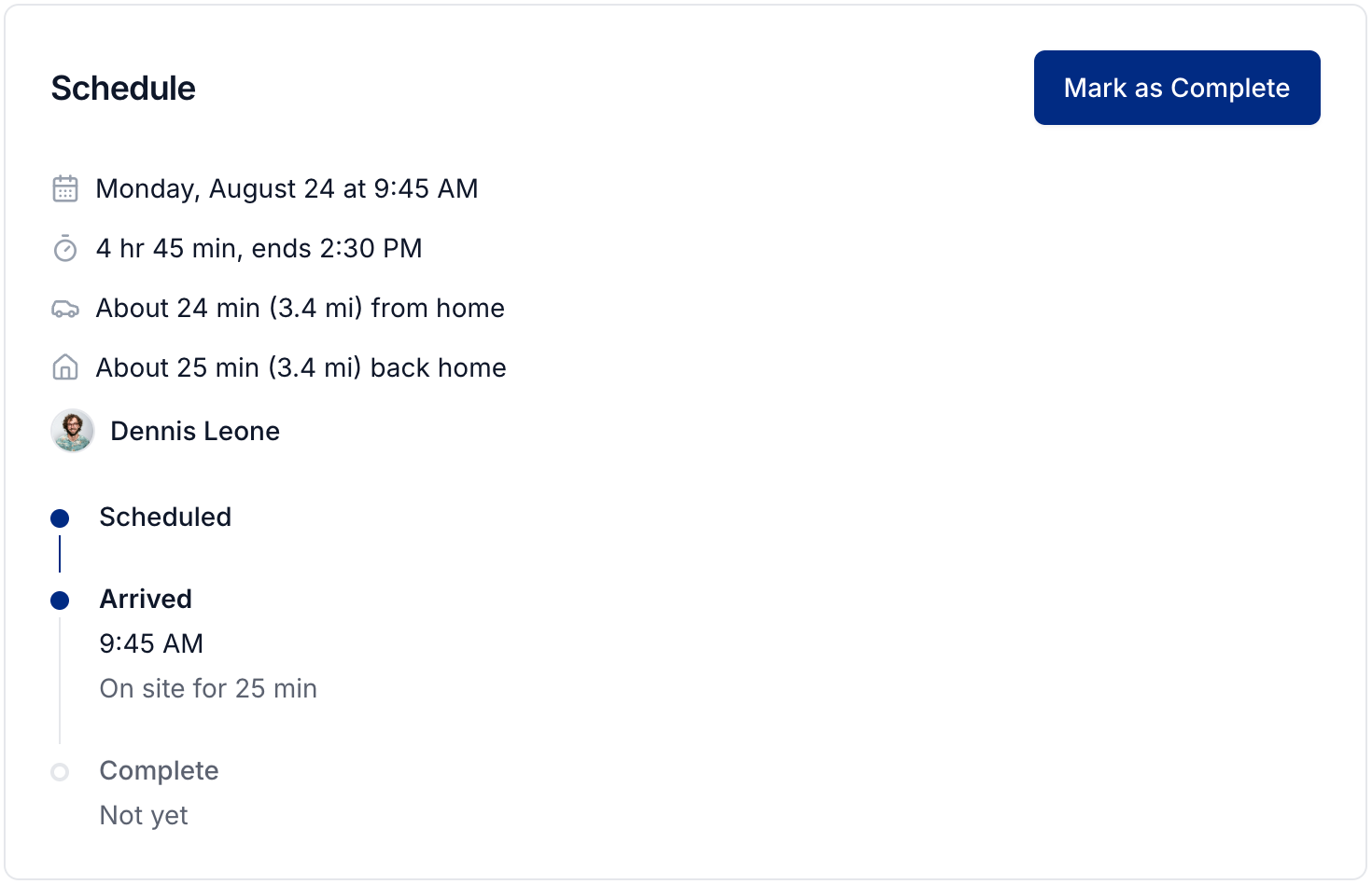 Appointment schedule and the action to record completion