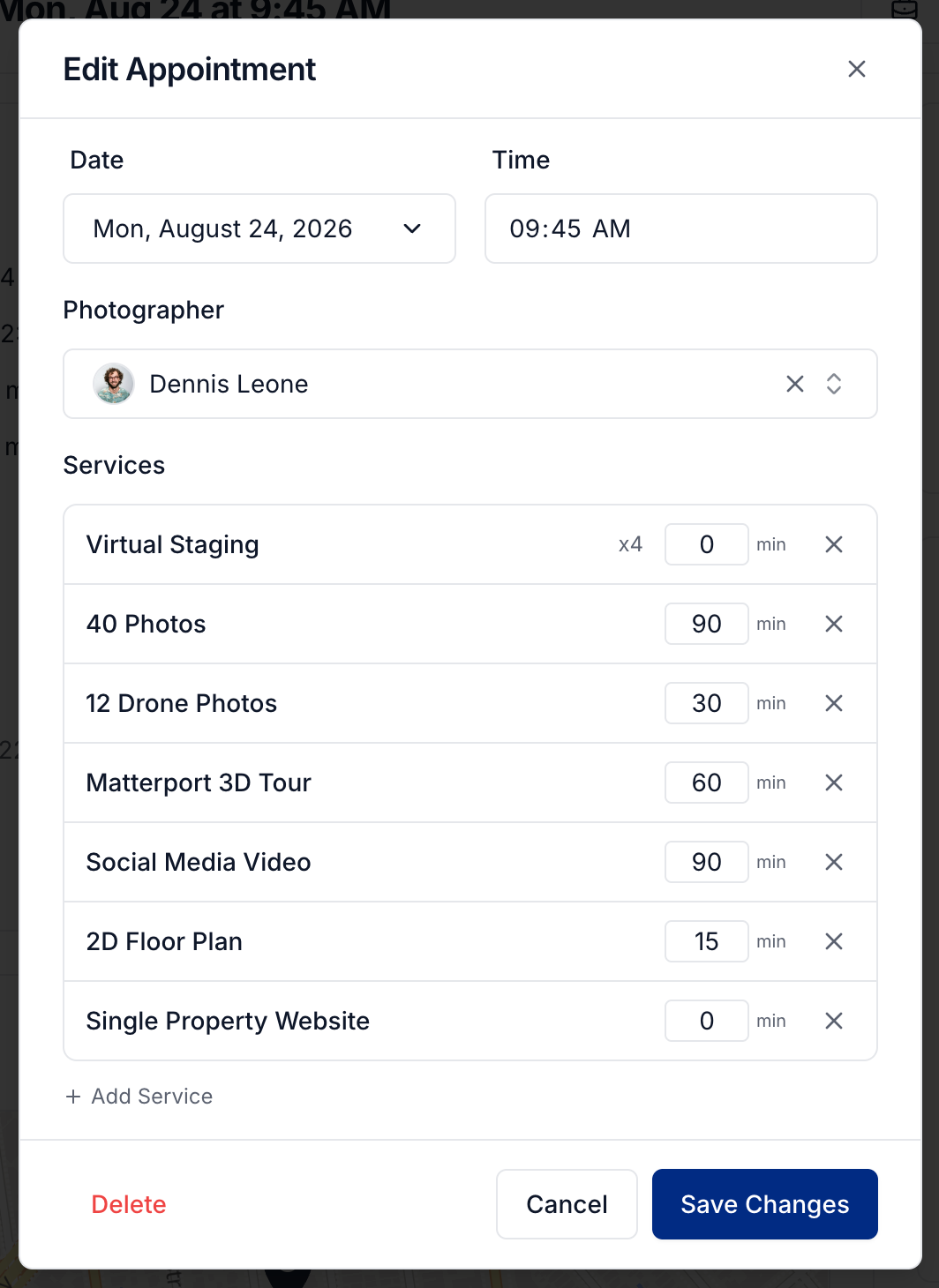 Edit Appointment with date, time, photographer, services, and Save Changes