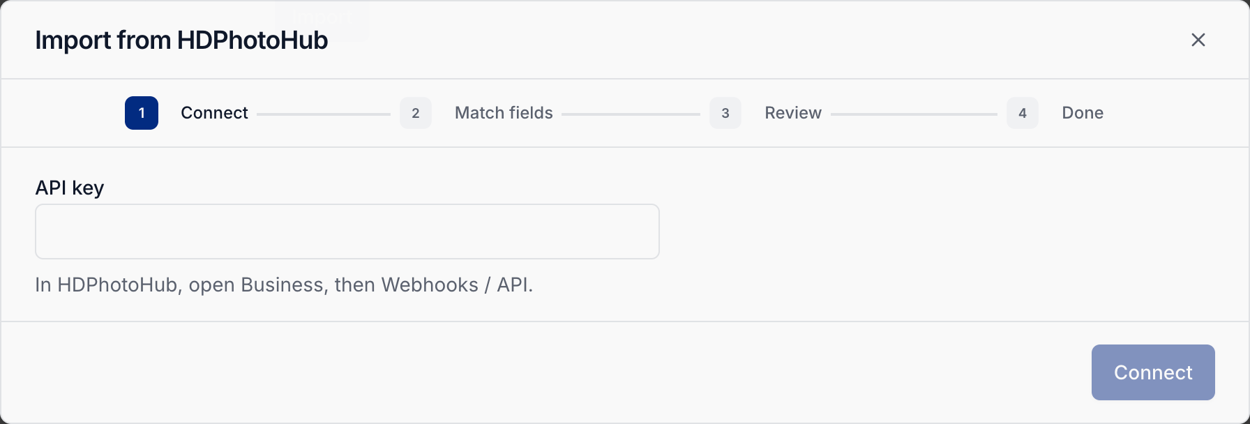 HDPhotoHub import with API key and Connect