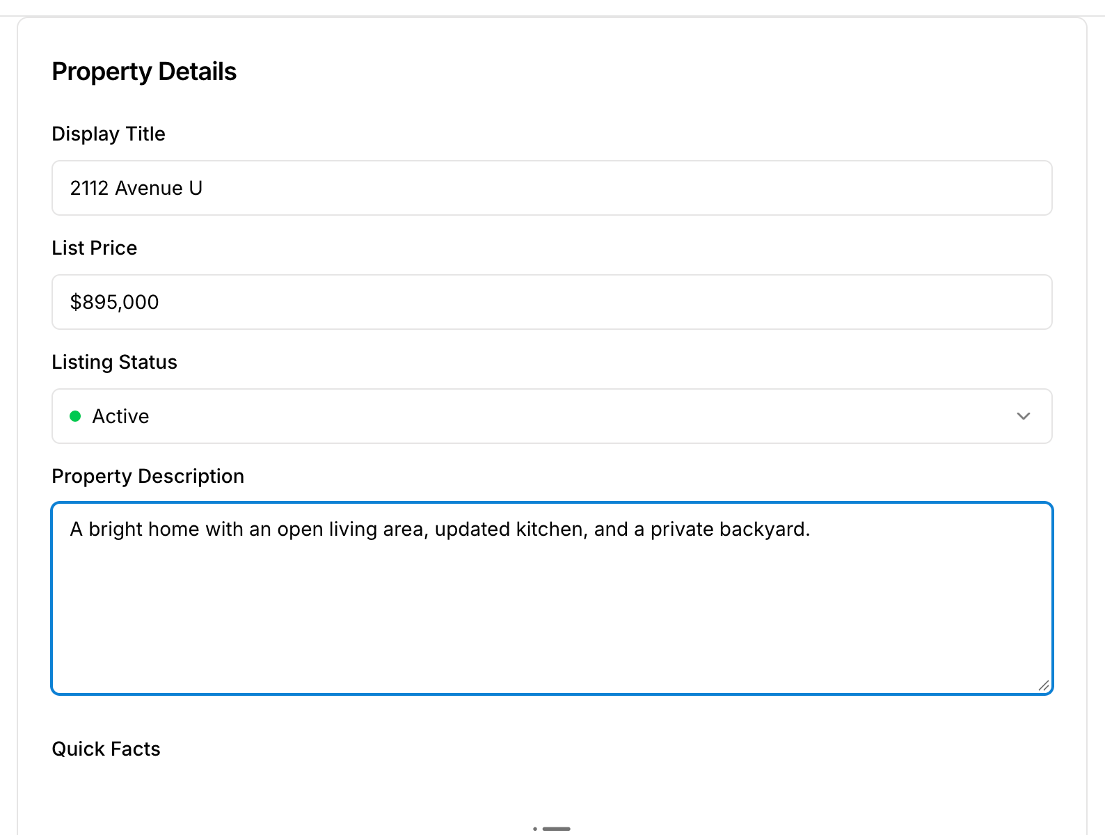 Property Details in the agent portal with the title, list price, status, and description